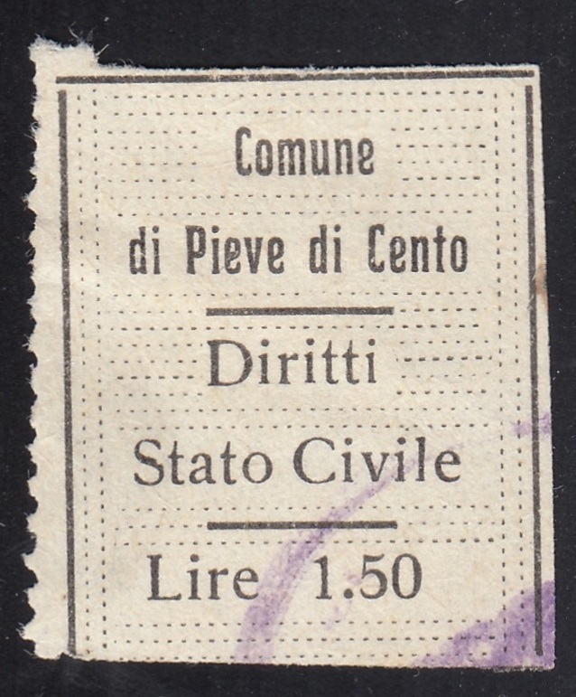 Marca da Bollo del Comune di PIEVE DI CENTO su Carta Bianca Sottile di dimensioni 20 x 28,5 mm