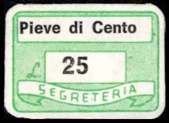 Marca da Bollo del Comune di PIEVE DI CENTO su Carta Bianca di dimensioni 19 x 14 mm