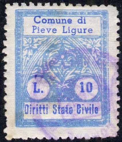 Marca da Bollo del Comune di PIEVE LIGURE su Carta Bianca di dimensioni 21,5 x 27 mm
