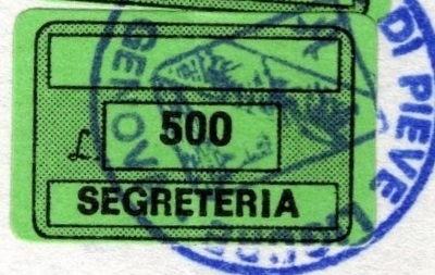 Marca da Bollo del Comune di PIEVE LIGURE su Carta Colorata di dimensioni 20 x 14 mm