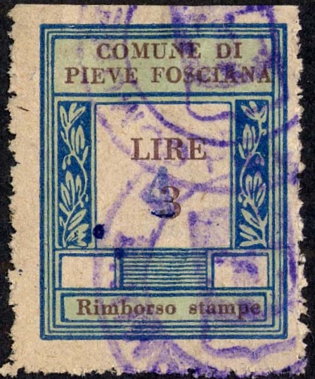 Marca da Bollo del Comune di PIEVE FOSCIANA su Carta Bianca di dimensioni 23 X 30 mm