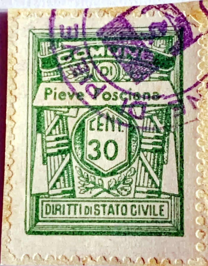 Marca da Bollo del Comune di PIEVE FOSCIANA su Carta Bianca di dimensioni 23 x 29 mm