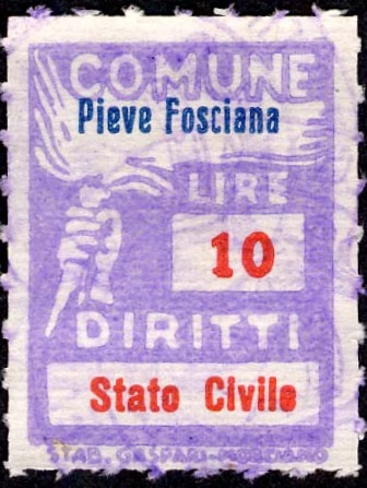 Marca da Bollo del Comune di PIEVE FOSCIANA su Carta Bianca di dimensioni 18,5 x 26 mm
