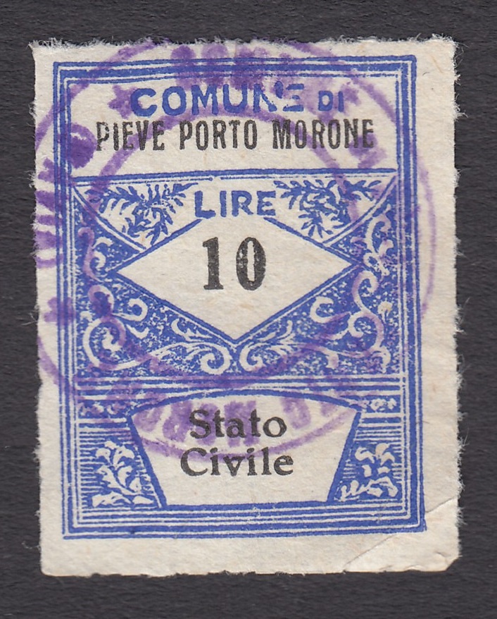 Marca da Bollo del Comune di PIEVE PORTO MORONE su Carta Bianca di dimensioni 21,5 x 29 mm