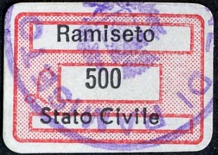 Marca da Bollo del Comune di RAMISETO su Carta Bianca di dimensioni 18,5 x 12,5 mm
