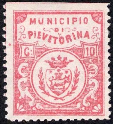 Marca da Bollo del Comune di PIEVE TORINA su Carta Bianca di dimensioni 21 x 24,5 mm