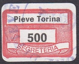 Marca da Bollo del Comune di PIEVE TORINA su Carta Bianca di dimensioni 19,5 x 13 mm