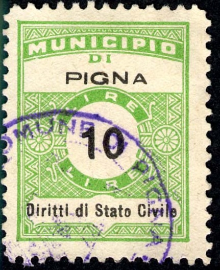 Marca da Bollo del Comune di PIGNA su Carta Bianca Sottile di dimensioni 22,5 x 29 mm