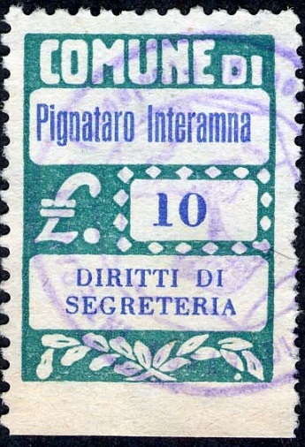 Marca da Bollo del Comune di PIGNATARO INTERAMNA su Carta Bianca di dimensioni 20 x 28 mm