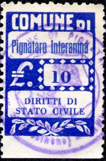 Marca da Bollo del Comune di PIGNATARO INTERAMNA su Carta Bianca di dimensioni 21 x 25 mm