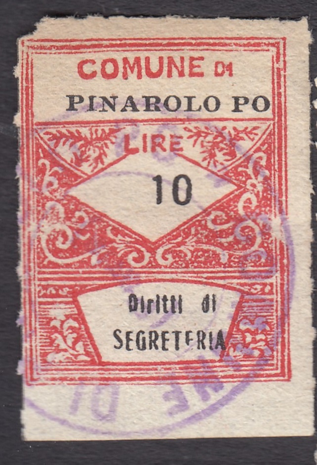 Marca da Bollo del Comune di PINAROLO PO su Carta Bianca Sottile di dimensioni 21,5 x 28 mm