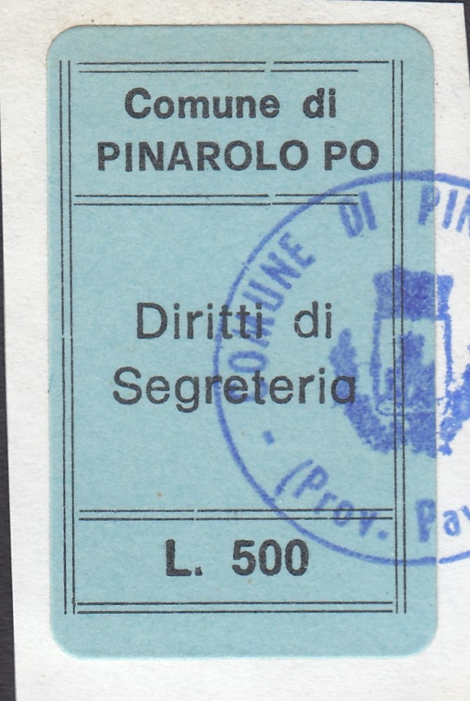 Marca da Bollo del Comune di PINAROLO PO su Carta Colorata di dimensioni 20 x 29 mm
