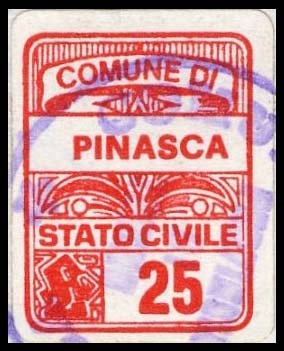 Marca da Bollo del Comune di PINASCA su Carta Bianca di dimensioni 15,5 x 20,5 mm