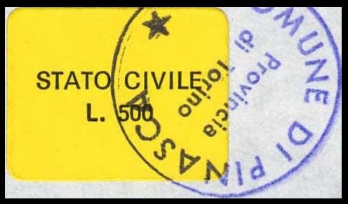 Marca da Bollo del Comune di PINASCA su Carta Colorata di dimensioni 19 x 14 mm