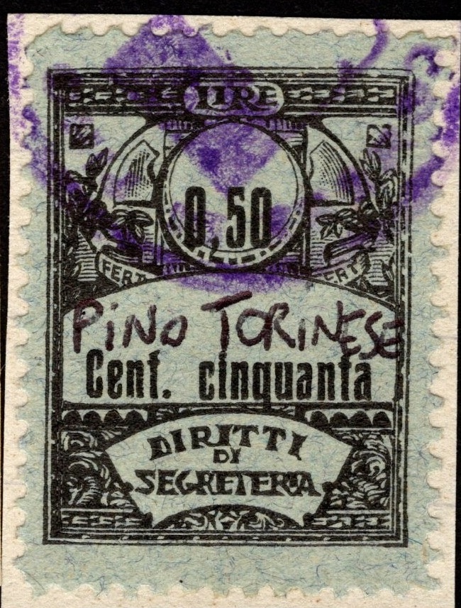 Marca da Bollo del Comune di PINO TORINESE su Carta Colorata di dimensioni 24 x 26 mm