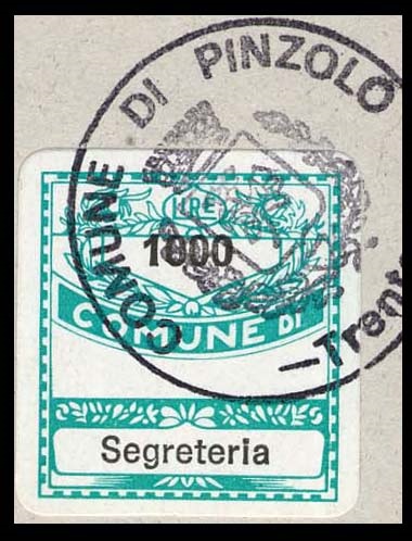 Marca da Bollo del Comune di PINZOLO su Carta Bianca di dimensioni 19 x 21 mm