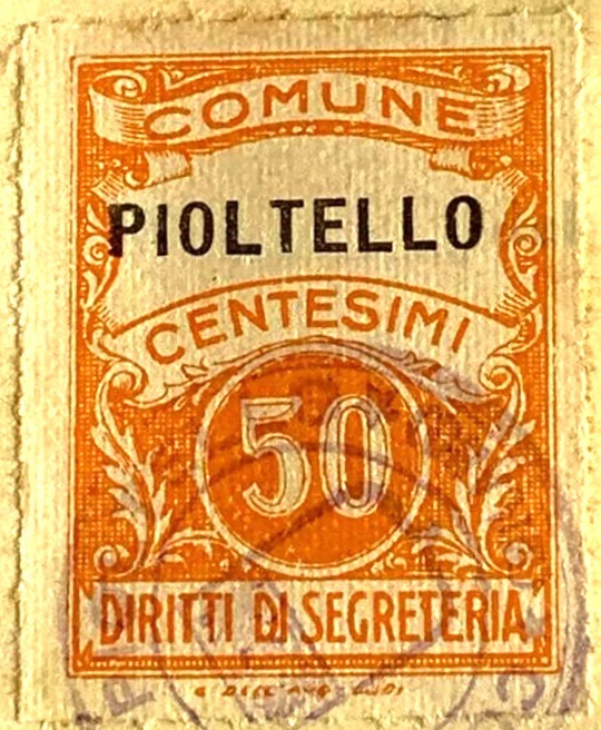 Marca da Bollo del Comune di PIOLTELLO su Carta Bianca di dimensioni 22,5 X 33 mm