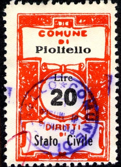 Marca da Bollo del Comune di PIOLTELLO su Carta Bianca Sottile di dimensioni 22,5 x 35,5 mm