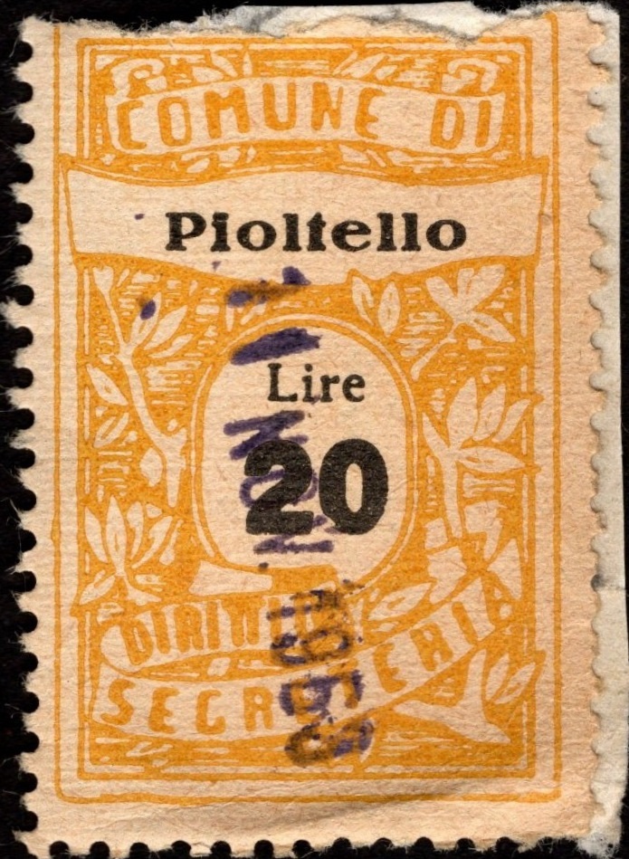 Marca da Bollo del Comune di PIOLTELLO su Carta Bianca di dimensioni 22,5 x 33,5 mm