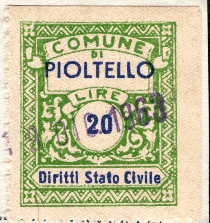 Marca da Bollo del Comune di PIOLTELLO su Carta Bianca di dimensioni 23 x 29 mm