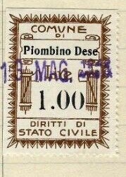 Marca da Bollo del Comune di PIOMBINO DESE su Carta Bianca di dimensioni 21 X 27 mm