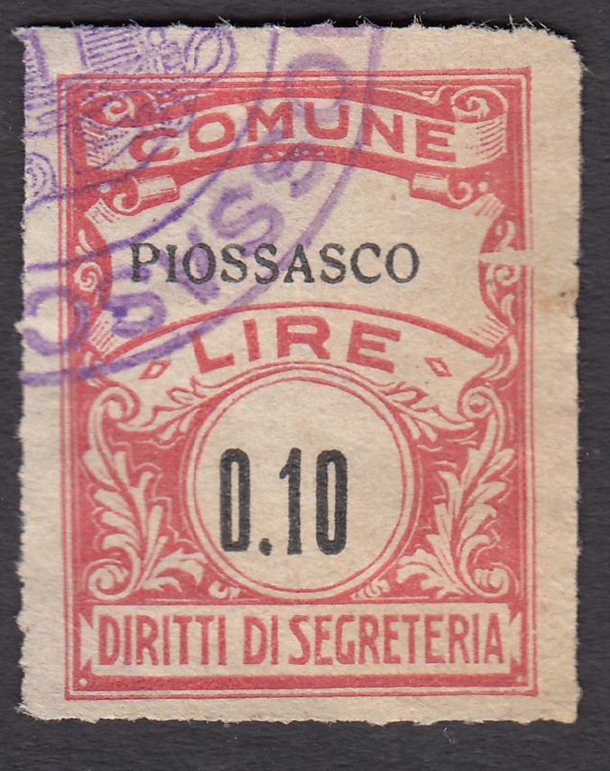 Marca da Bollo del Comune di PIOSSASCO su Carta Bianca Sottile di dimensioni 22 x 29 mm