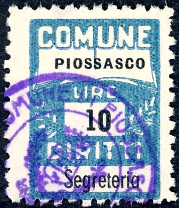 Marca da Bollo del Comune di PIOSSASCO su Carta Bianca Sottile di dimensioni 18,5 x 26 mm