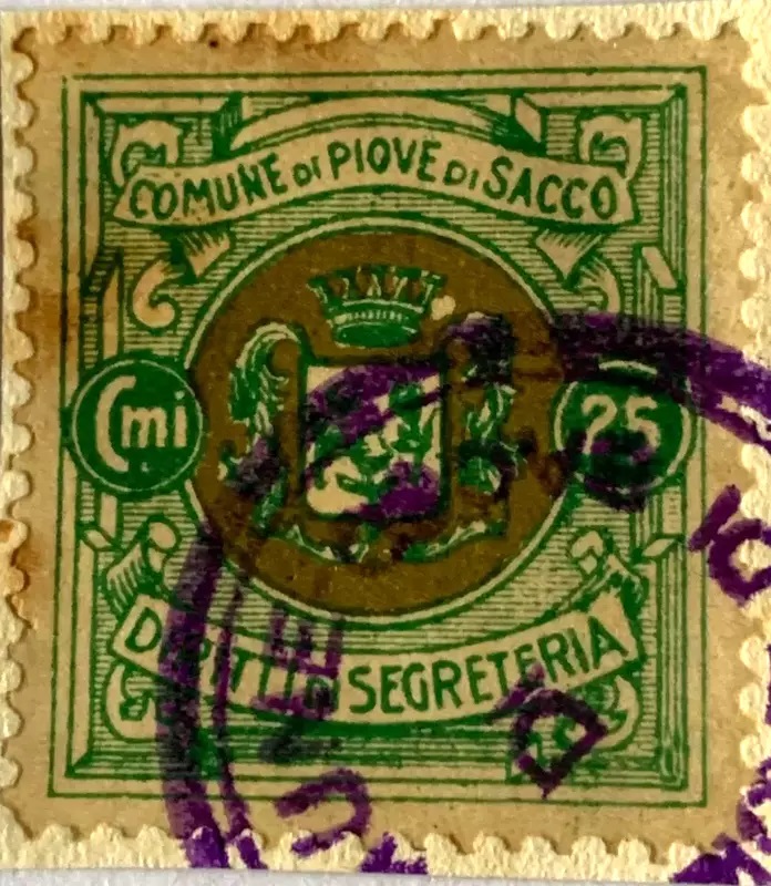 Marca da Bollo del Comune di PIOVE DI SACCO su Carta Bianca di dimensioni 22 x 28 mm