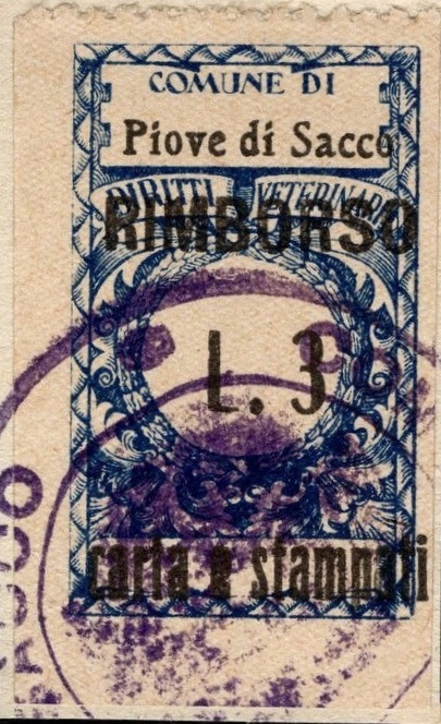 Marca da Bollo del Comune di PIOVE DI SACCO su Carta Bianca Sottile di dimensioni 23 x 42 mm