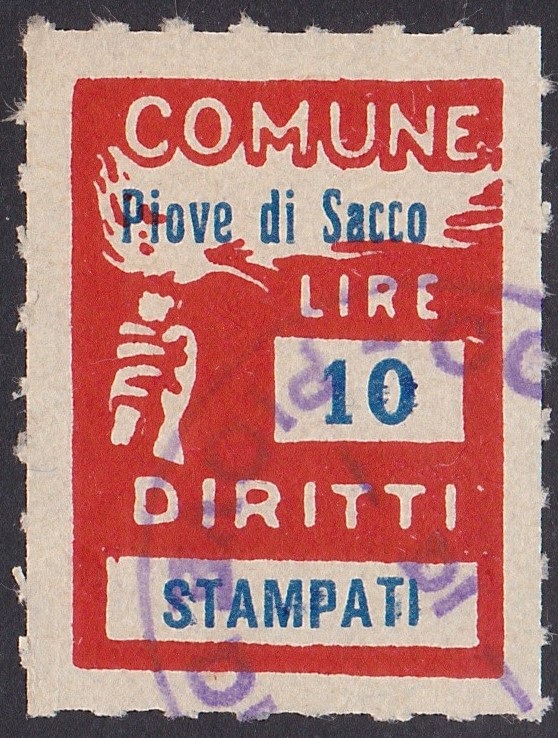Marca da Bollo del Comune di PIOVE DI SACCO su Carta Bianca Sottile di dimensioni 18 x 24,5 mm