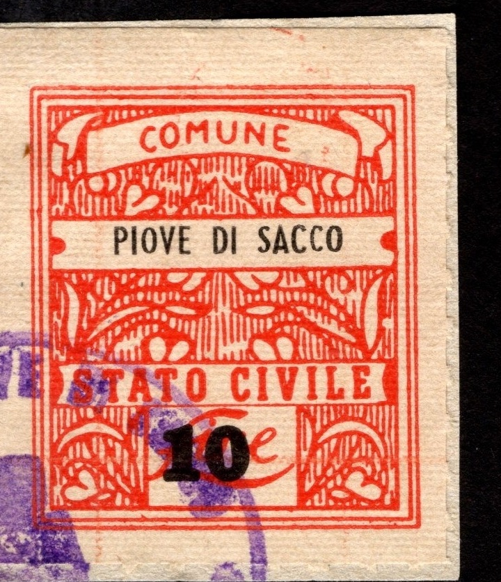 Marca da Bollo del Comune di PIOVE DI SACCO su Carta Bianca di dimensioni 21 X 27 mm