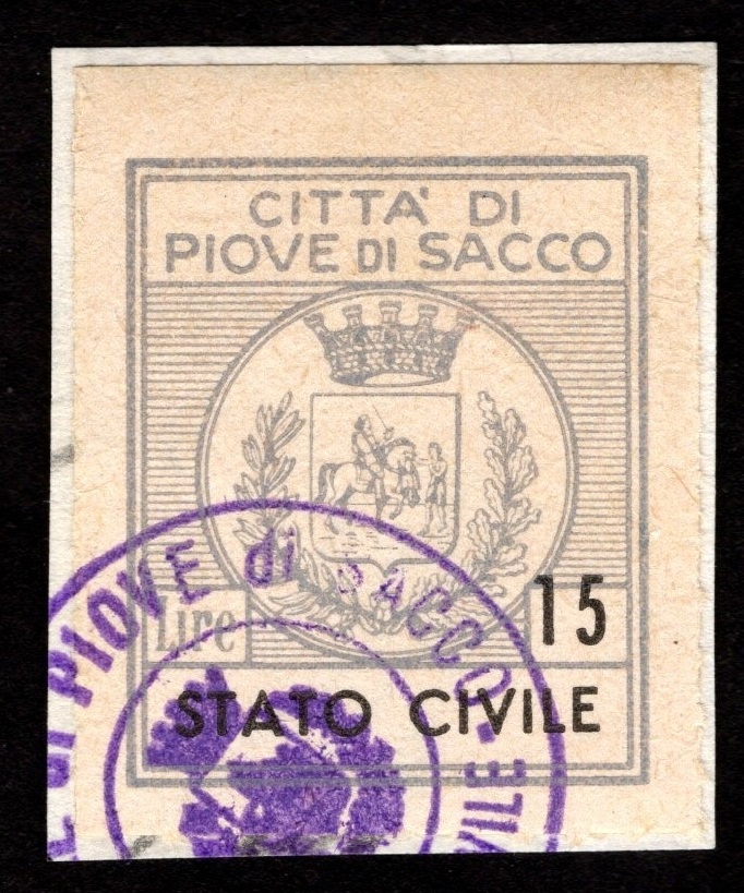 Marca da Bollo del Comune di PIOVE DI SACCO su Carta Bianca di dimensioni 19 x 22 mm