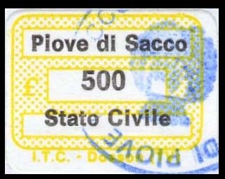 Marca da Bollo del Comune di PIOVE DI SACCO su Carta Bianca di dimensioni 19 x 14,5 mm
