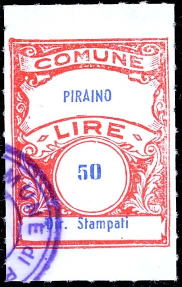 Marca da Bollo del Comune di PIRAINO su Carta Bianca Sottile di dimensioni 22,5 x 29 mm