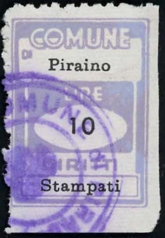 Marca da Bollo del Comune di PIRAINO su Carta Bianca di dimensioni 19,5 x 26 mm