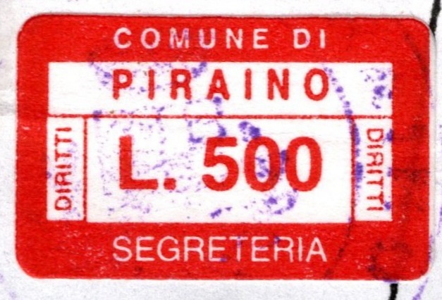 Marca da Bollo del Comune di PIRAINO su Carta Bianca di dimensioni 25 x 16 mm
