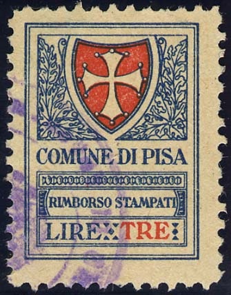 Marca da Bollo del Comune di PISA su Carta Bianca Sottile di dimensioni 17,5 x 24 mm