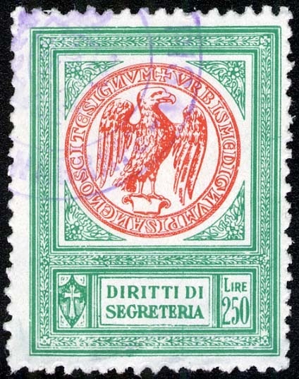 Marca da Bollo del Comune di PISA su Carta Bianca di dimensioni 24,5 x 32,5 mm