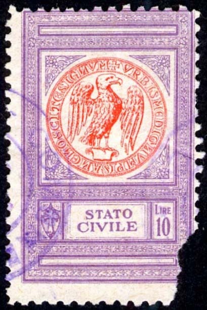 Marca da Bollo del Comune di PISA su Carta Bianca Sottile di dimensioni 22,5 x 36 mm