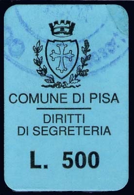 Marca da Bollo del Comune di PISA su Carta Colorata di dimensioni 18 x 27 mm