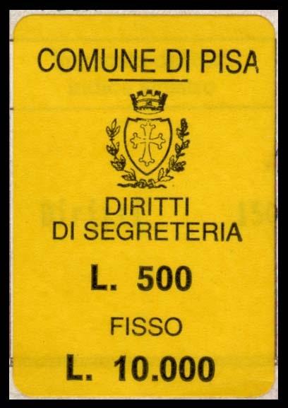 Marca da Bollo del Comune di PISA su Carta Colorata di dimensioni 26 x 39 mm