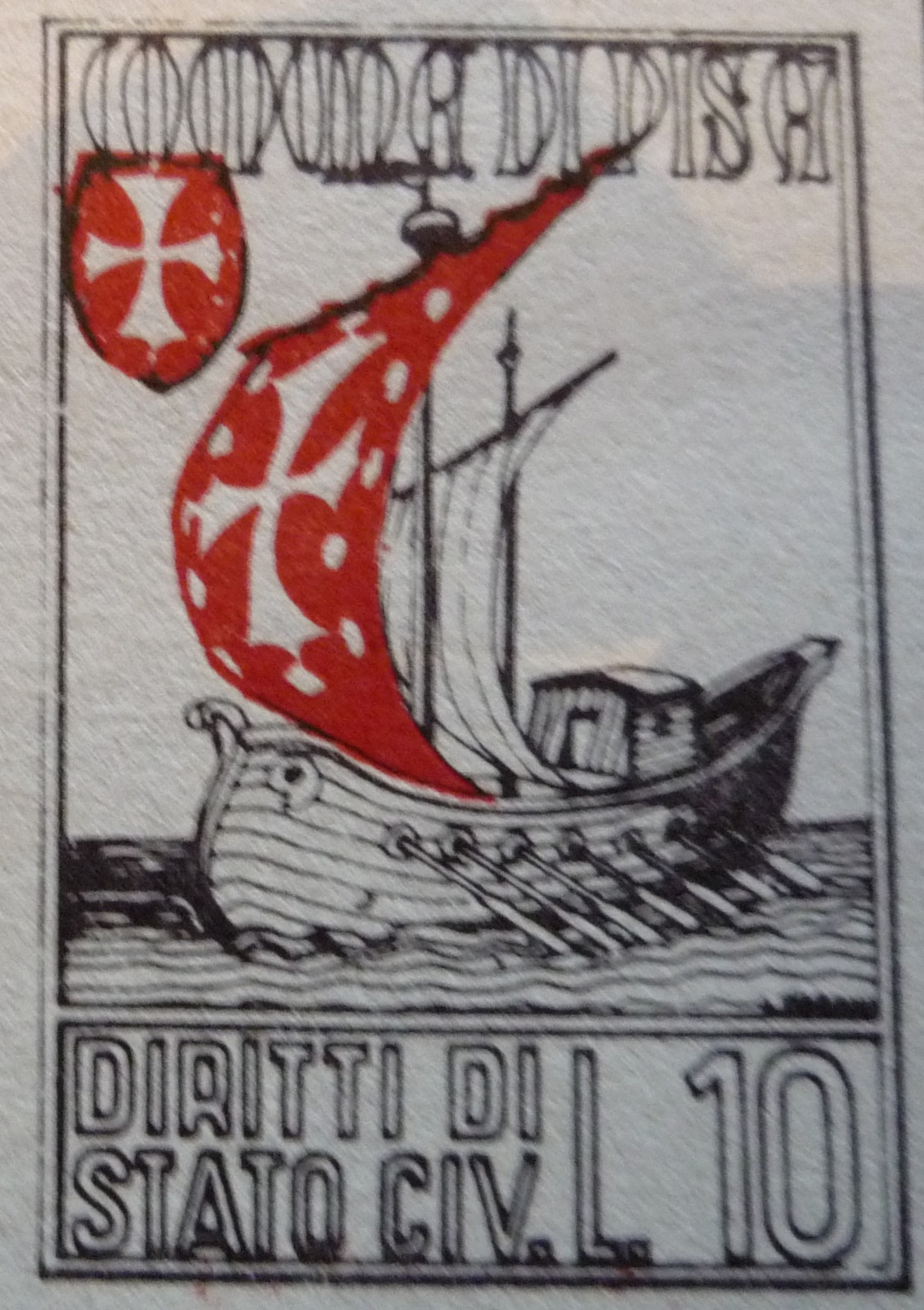 Marca da Bollo del Comune di PISA su Carta Bianca di dimensioni 25 x 29 mm