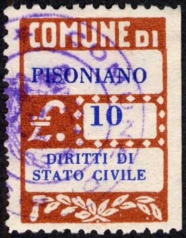 Marca da Bollo del Comune di PISONIANO su Carta Bianca di dimensioni 20 x 28 mm