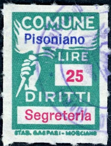 Marca da Bollo del Comune di PISONIANO su Carta Bianca Sottile di dimensioni 18,5 c 26 mm