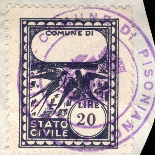 Marca da Bollo del Comune di PISONIANO su Carta Bianca Sottile di dimensioni 18,5 c 26 mm