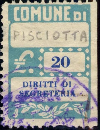 Marca da Bollo del Comune di PISCIOTTA su Carta Bianca di dimensioni 20 x 31 mm