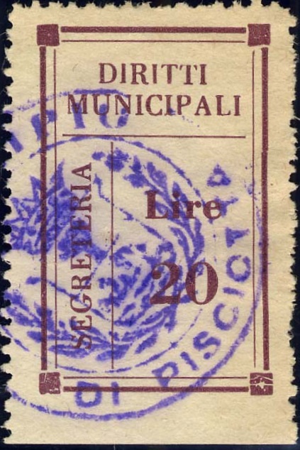 Marca da Bollo del Comune di PISCIOTTA su Carta Bianca di dimensioni 21,5 x 35 mm