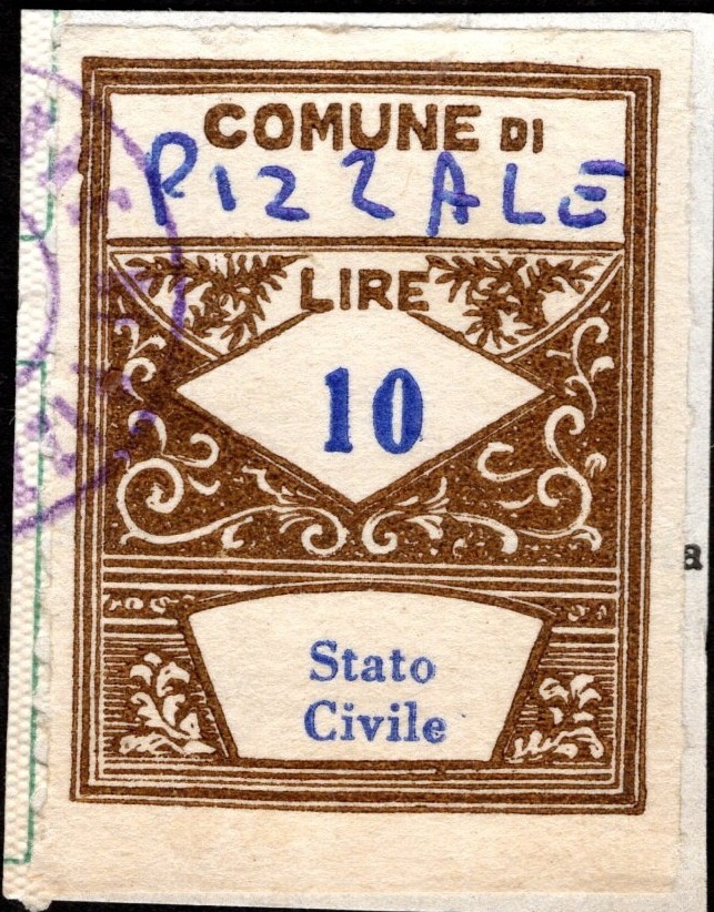 Marca da Bollo del Comune di PIZZALE su Carta Bianca di dimensioni 22 x 28 mm