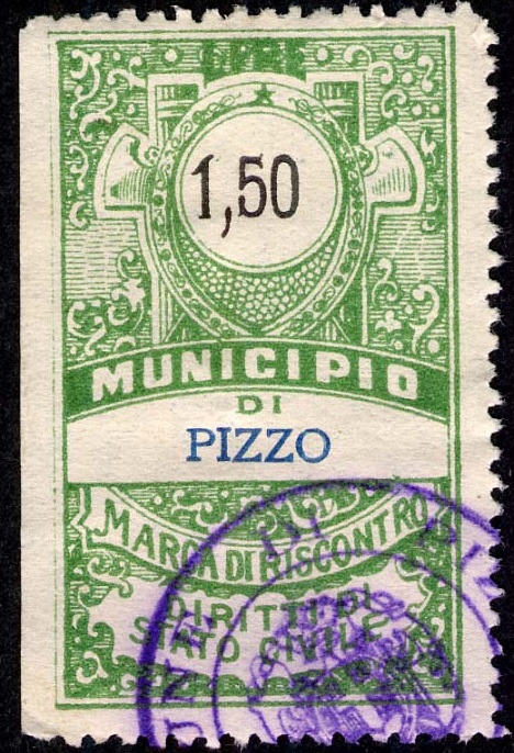 Marca da Bollo del Comune di PIZZO su Carta Bianca Sottile di dimensioni 28 x 43,5 mm