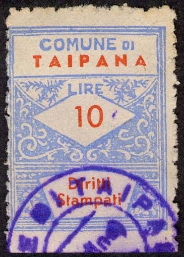 Marca da Bollo del Comune di TAIPANA su Carta Bianca Sottile di dimensioni 22 x 28 mm